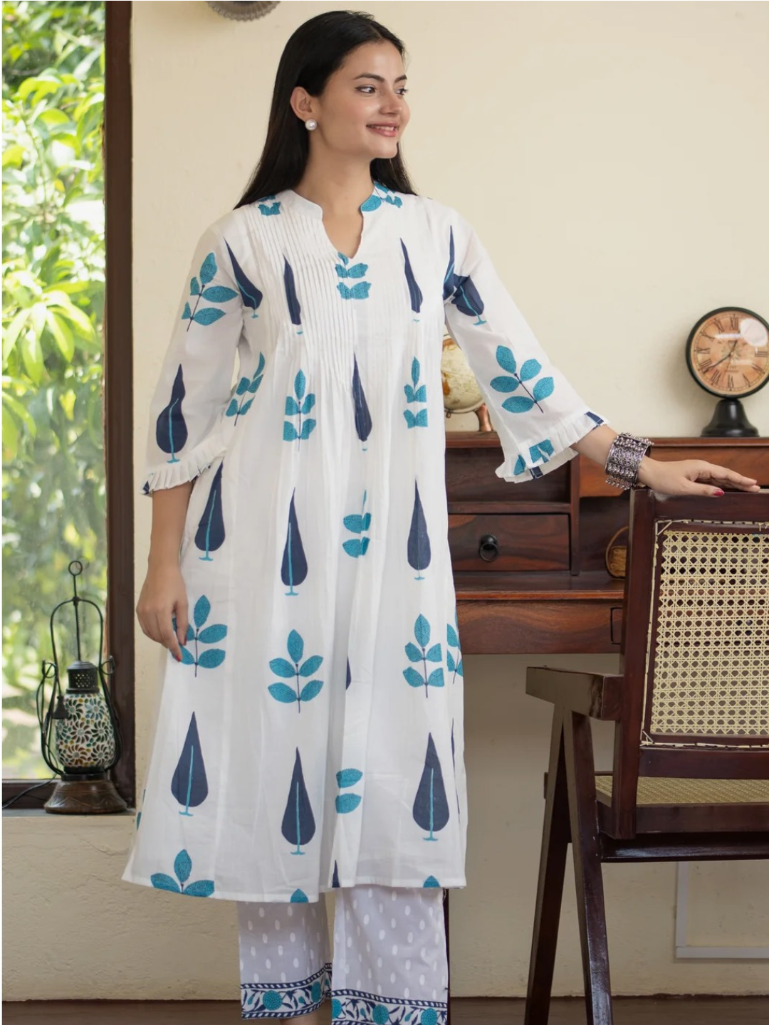 Hand Block Print Cotton Co-ord Set with Pintuck Yoke