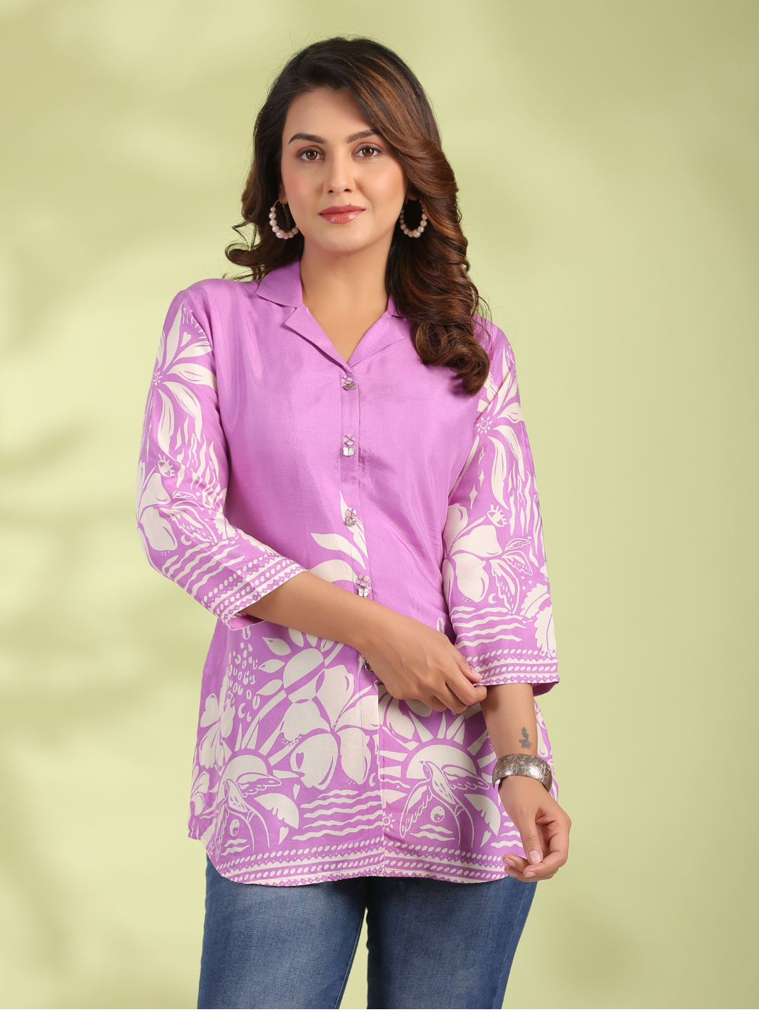 Lavender Floral Muslin Tunic with Butterfly Buttons