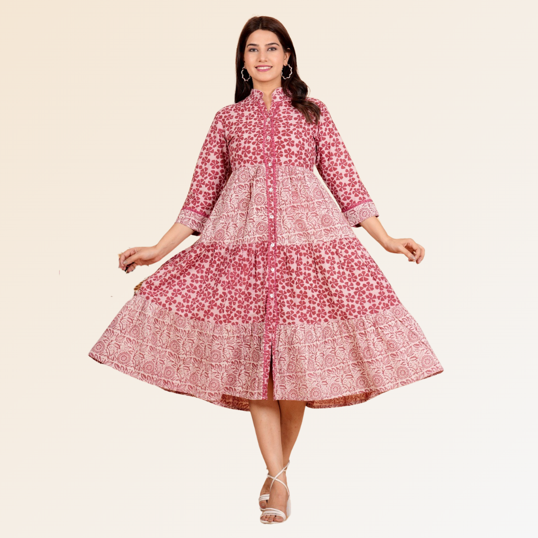 Red Block Print Tiered Dress