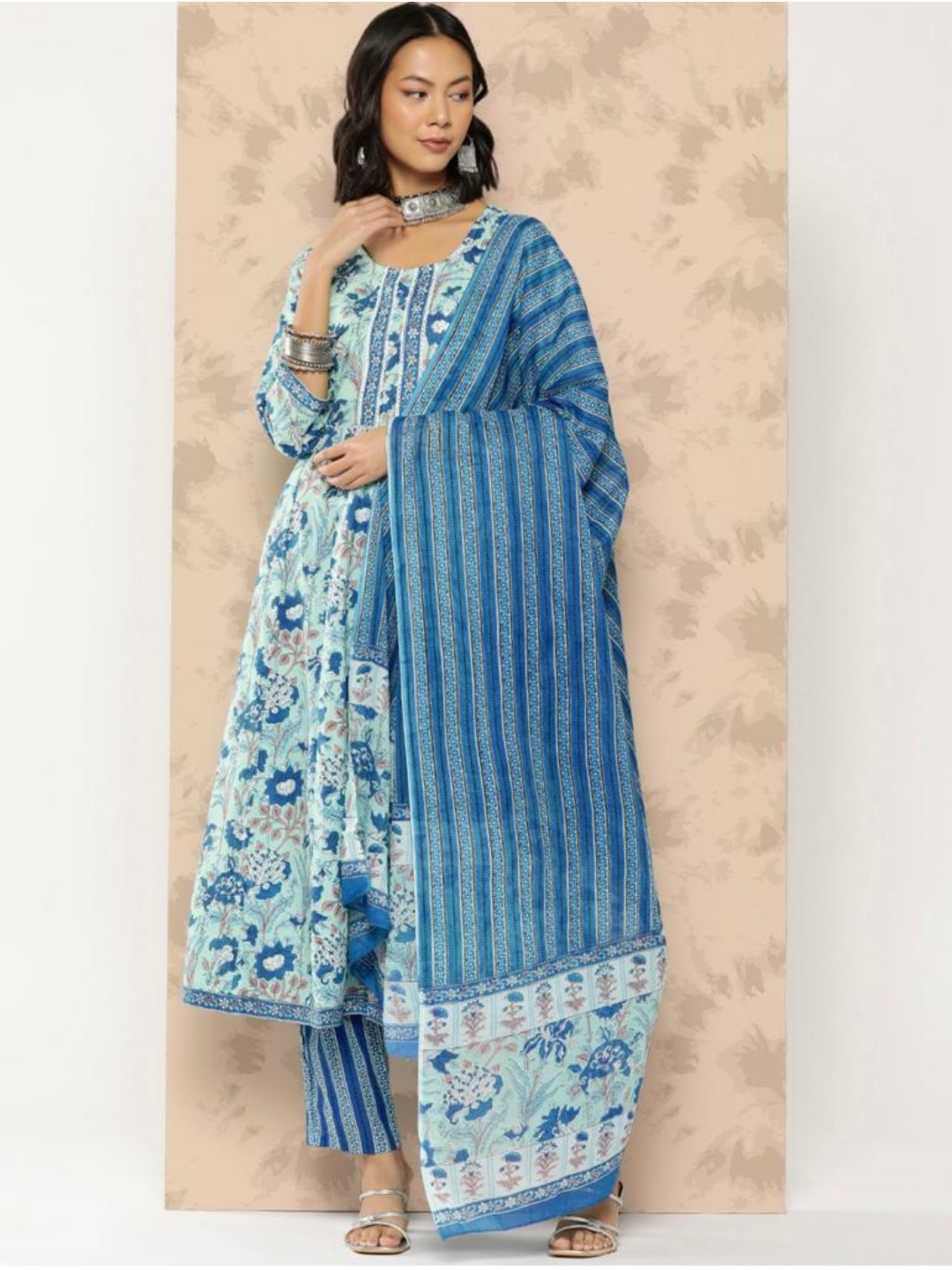 Light Blue Floral Print Dupatta Set