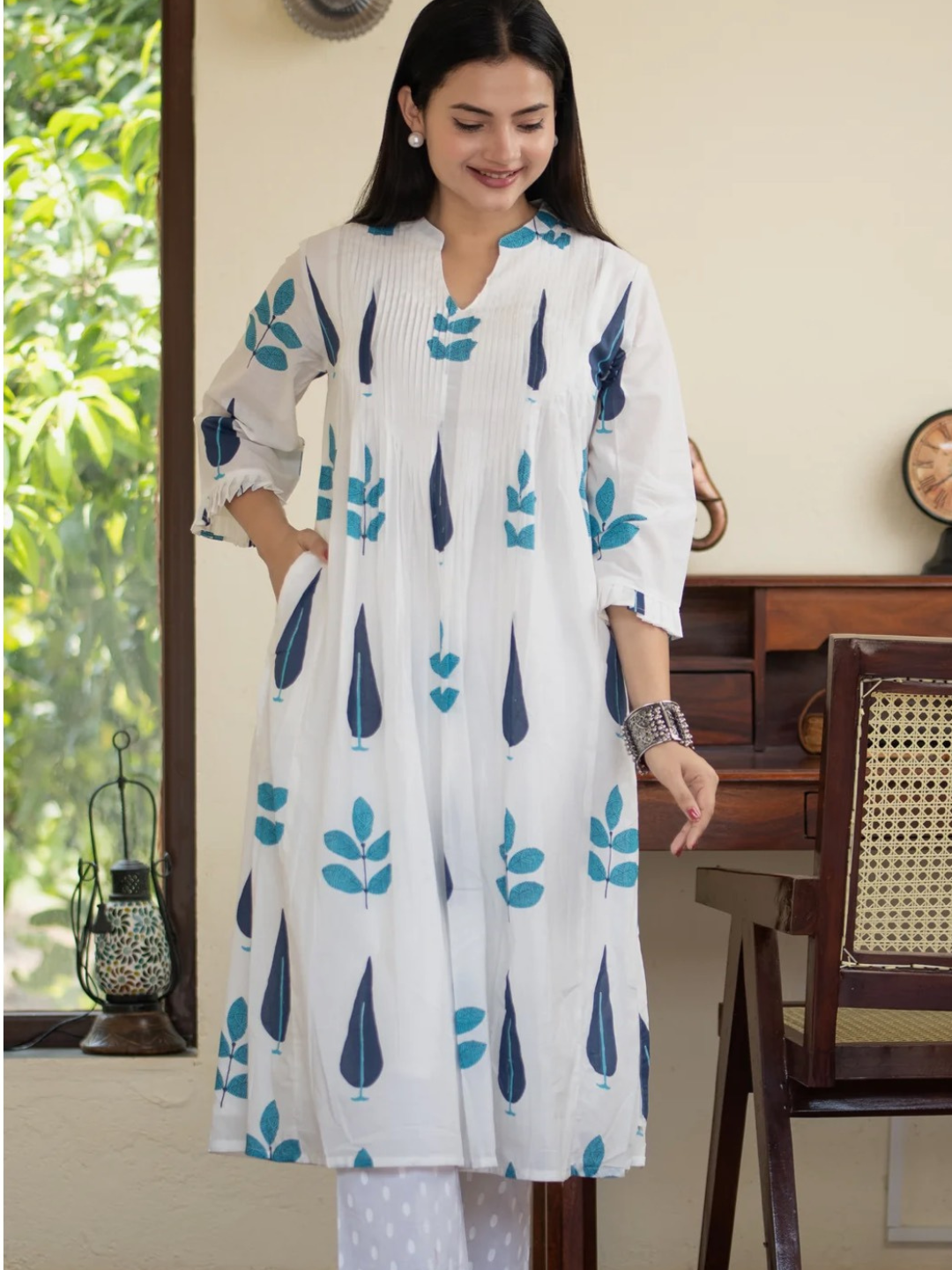 Hand Block Print Cotton Co-ord Set with Pintuck Yoke
