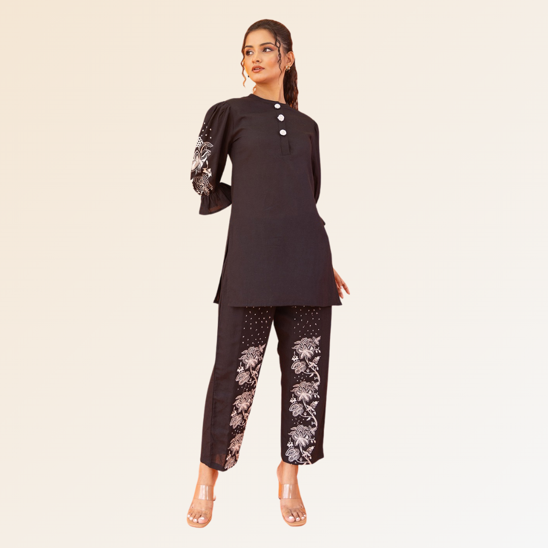 Black Co-ord Set With White Embroidery