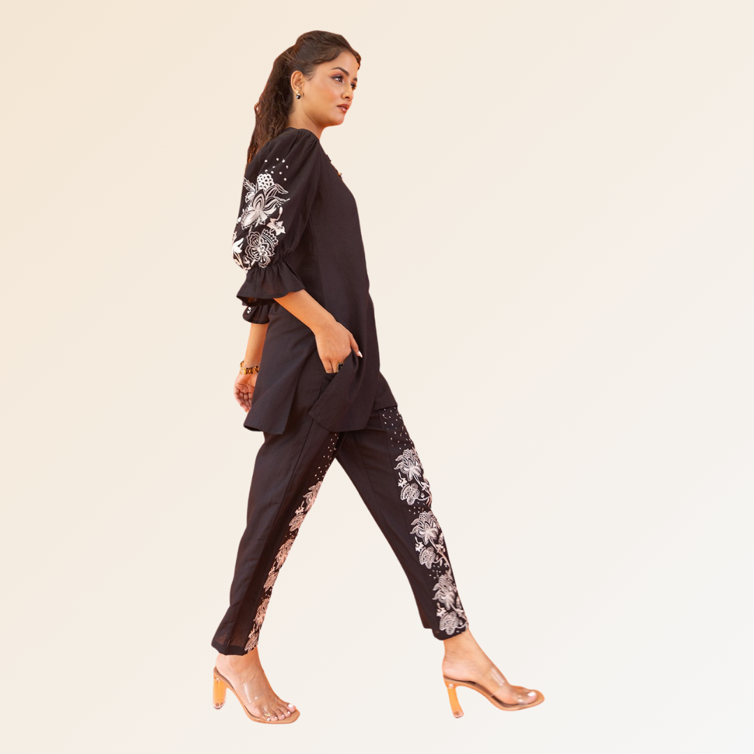 Black Co-ord Set With White Embroidery