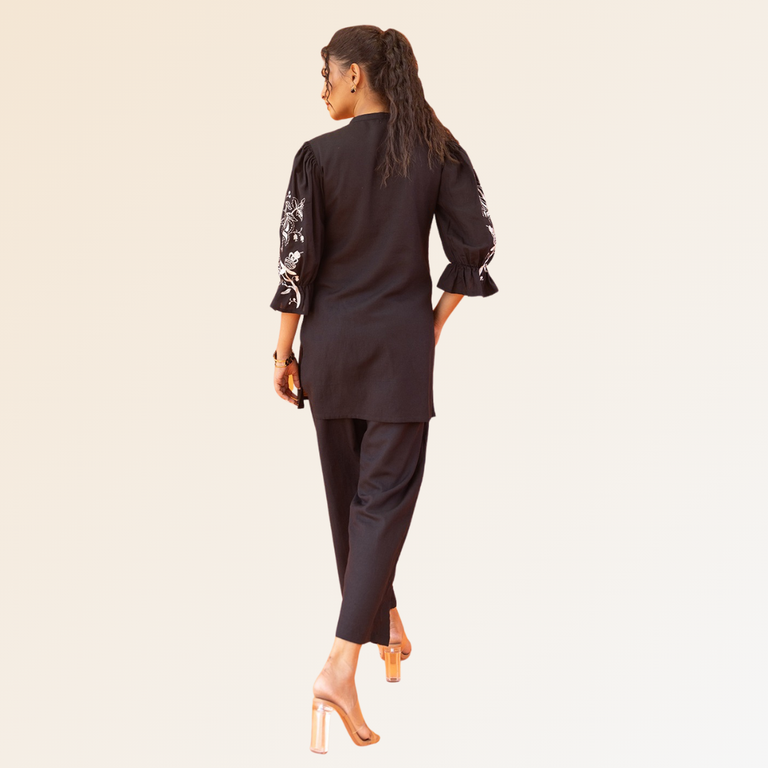 Black Co-ord Set With White Embroidery