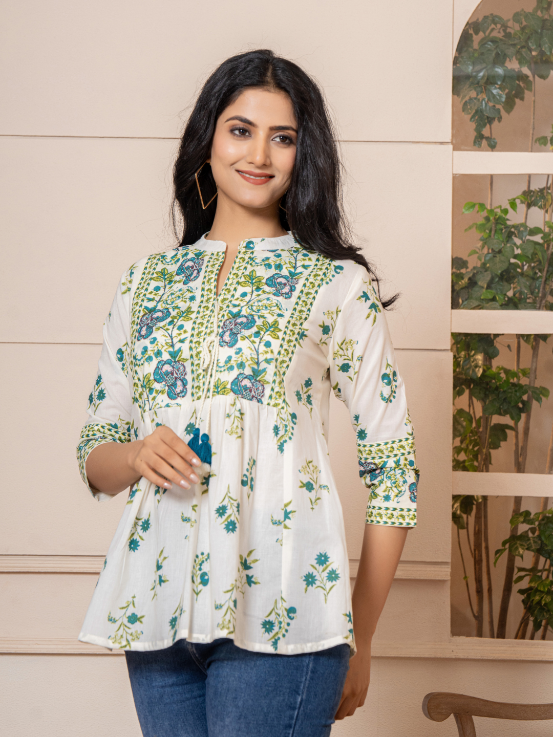 White Boho Chic Floral Print Top