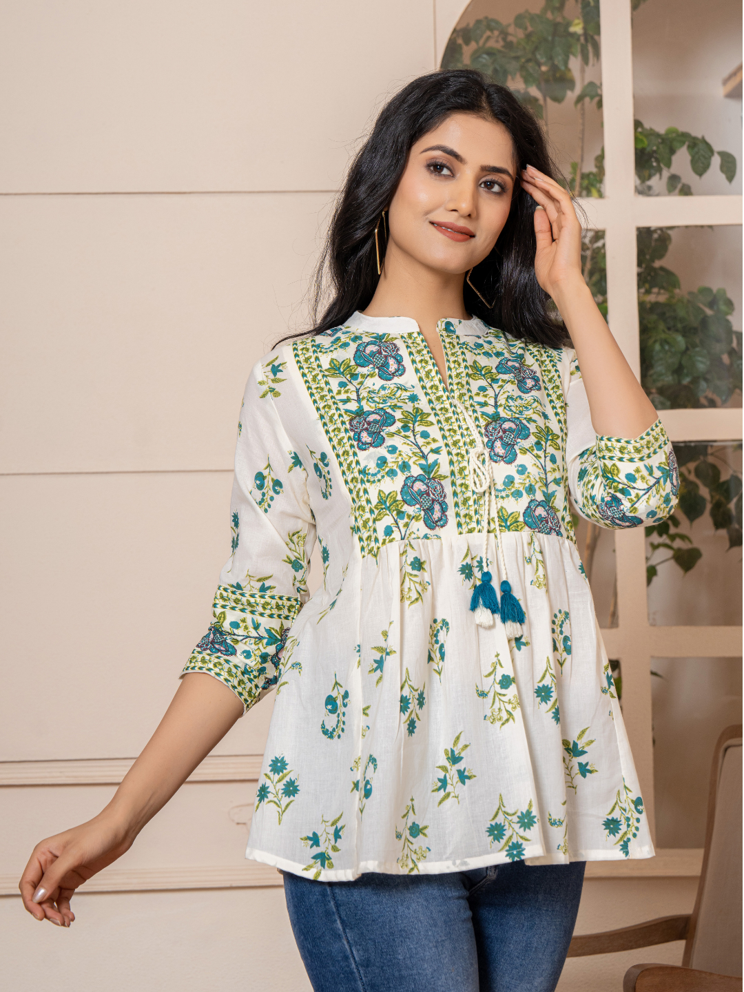 White Boho Chic Floral Print Top