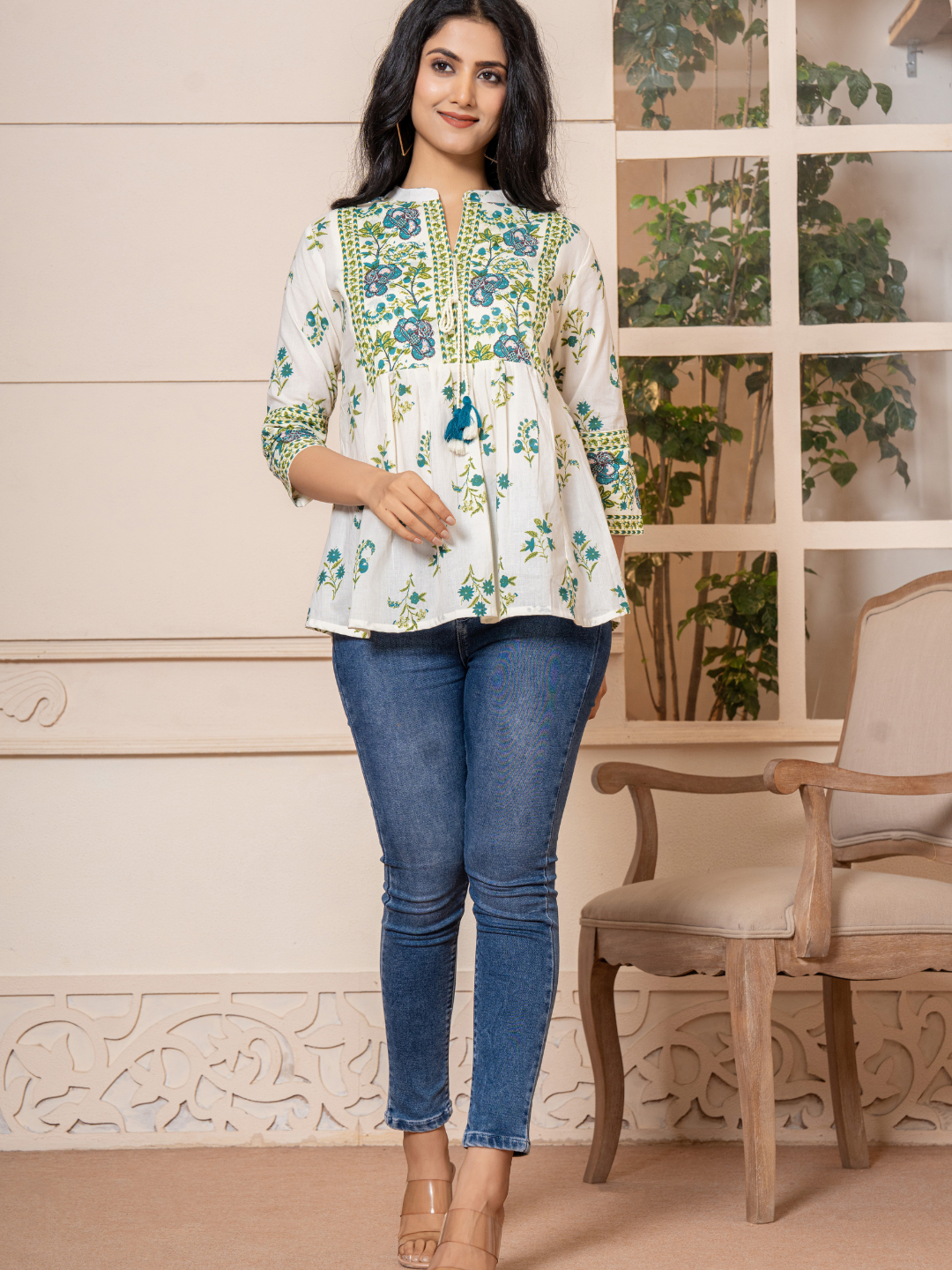 White Boho Chic Floral Print Top