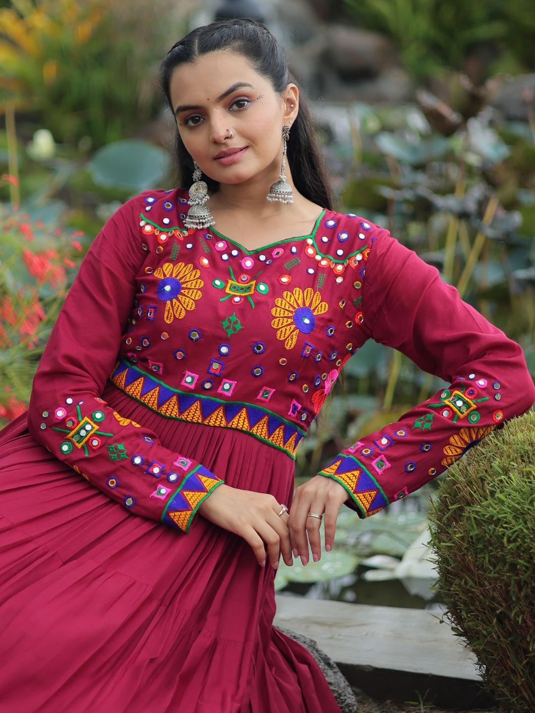 Twirl in Tradition – Rayon Gown with Kutchi Gamthi Embroidery
