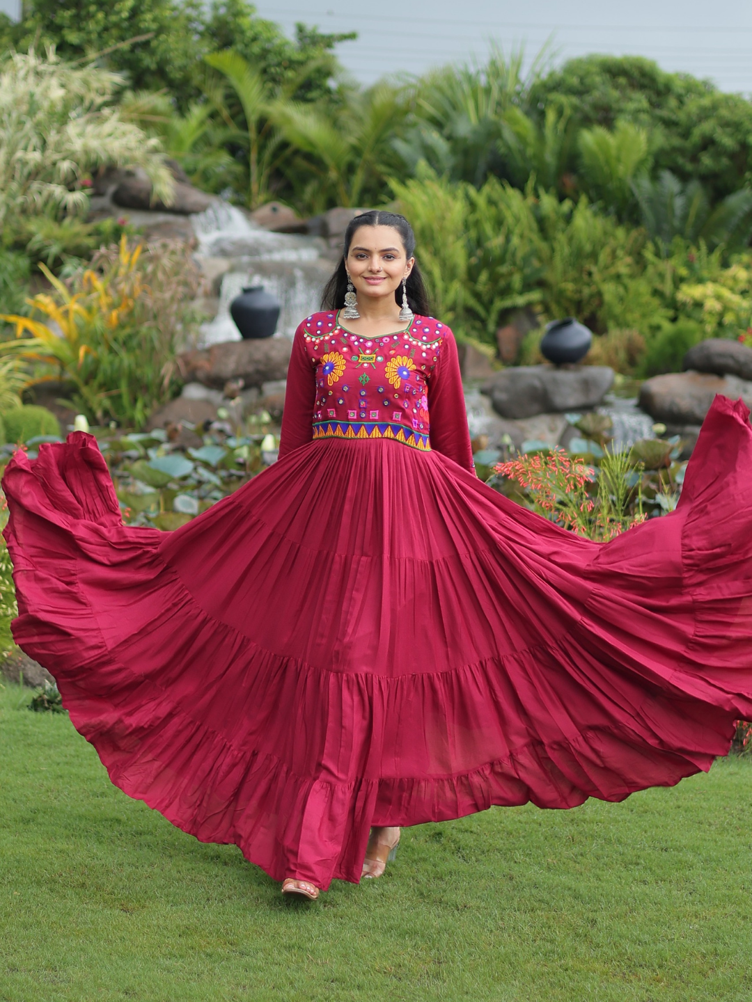 Twirl in Tradition – Rayon Gown with Kutchi Gamthi Embroidery