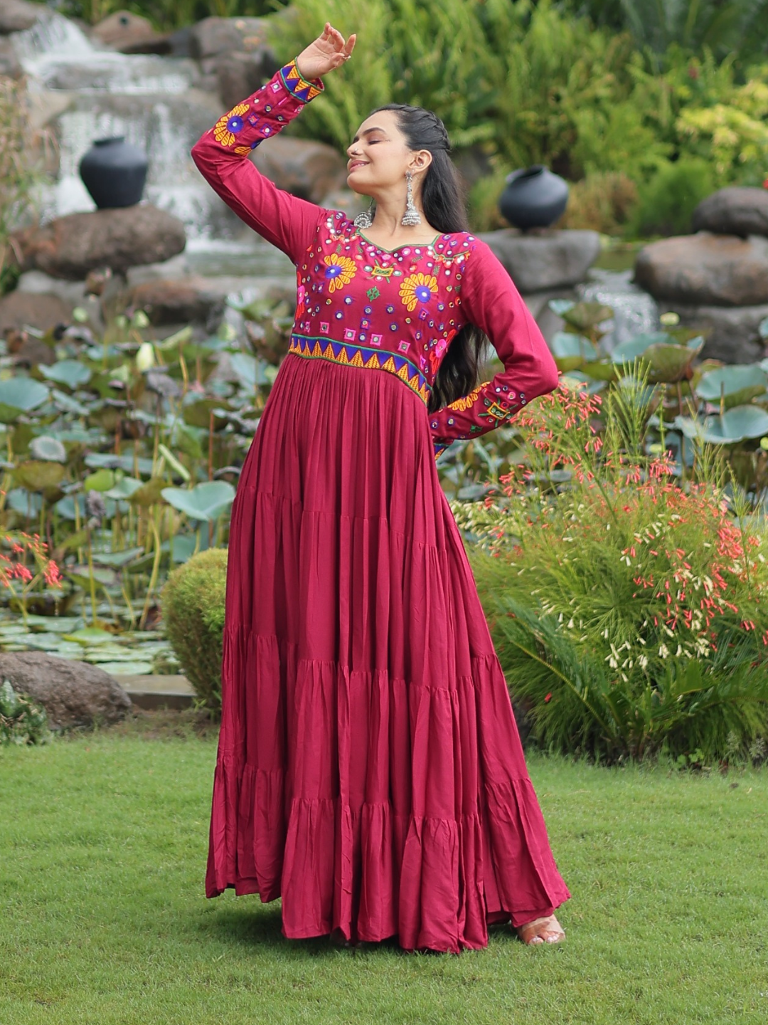 Twirl in Tradition – Rayon Gown with Kutchi Gamthi Embroidery