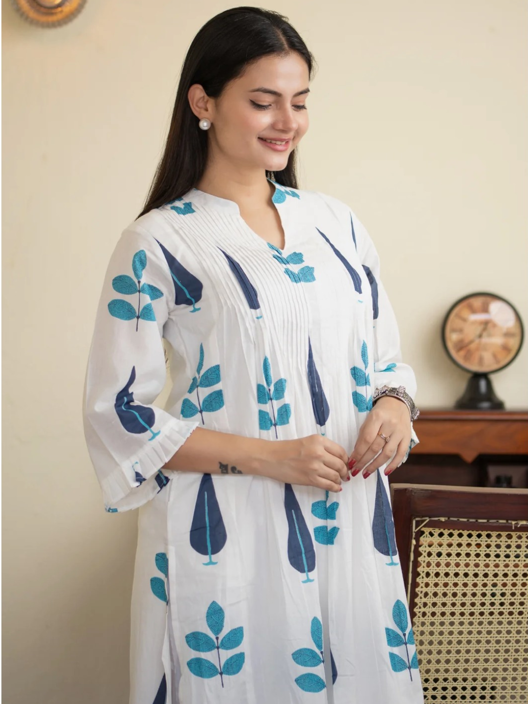 Hand Block Print Cotton Co-ord Set with Pintuck Yoke