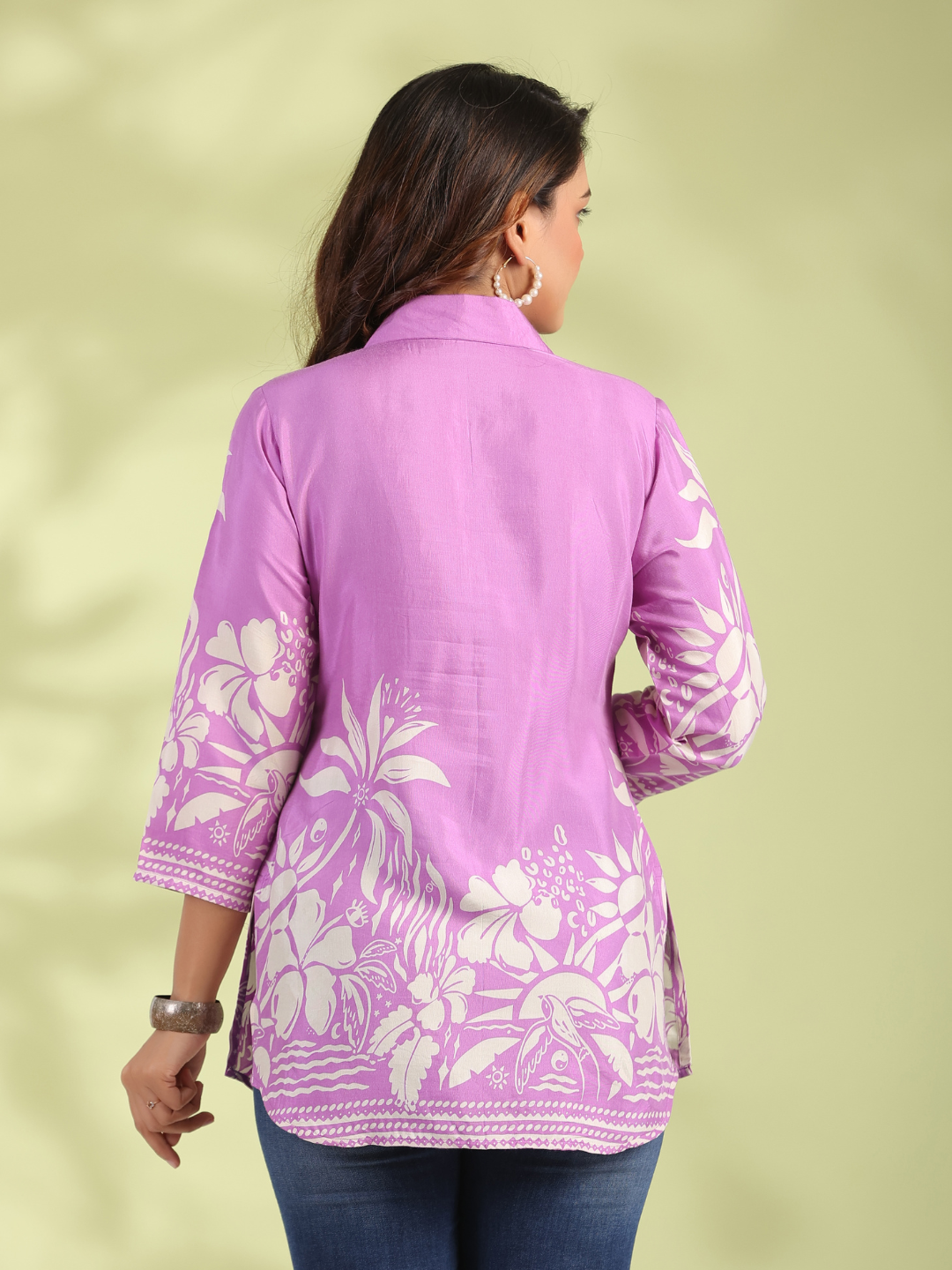 Lavender Floral Muslin Tunic with Butterfly Buttons