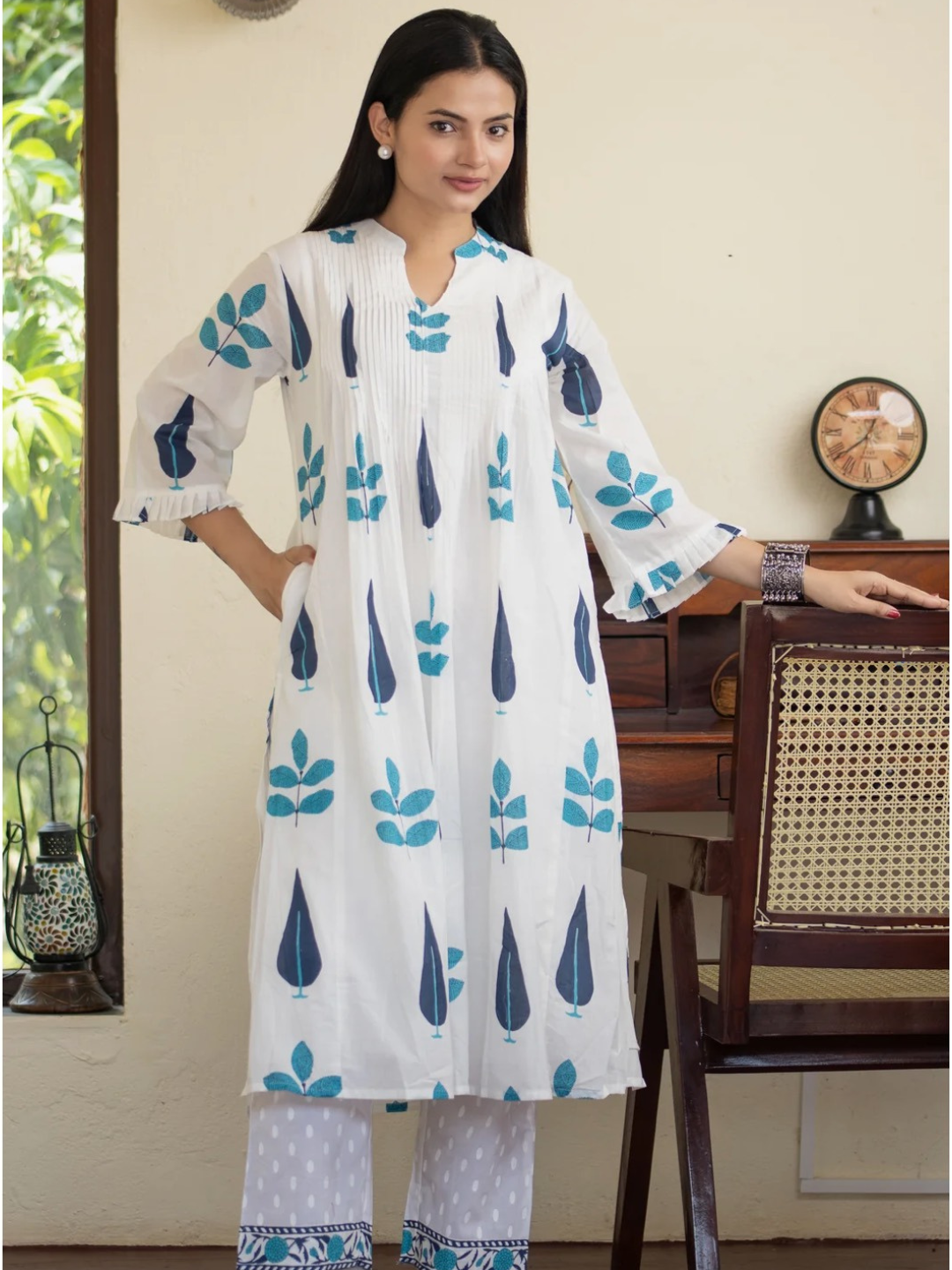 Hand Block Print Cotton Co-ord Set with Pintuck Yoke