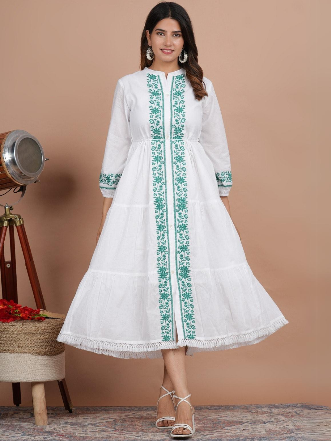 White Midi Dress with Green Embroidery Daily Dhaga White Midi Dress with Green Embroidery Daily Dhaga