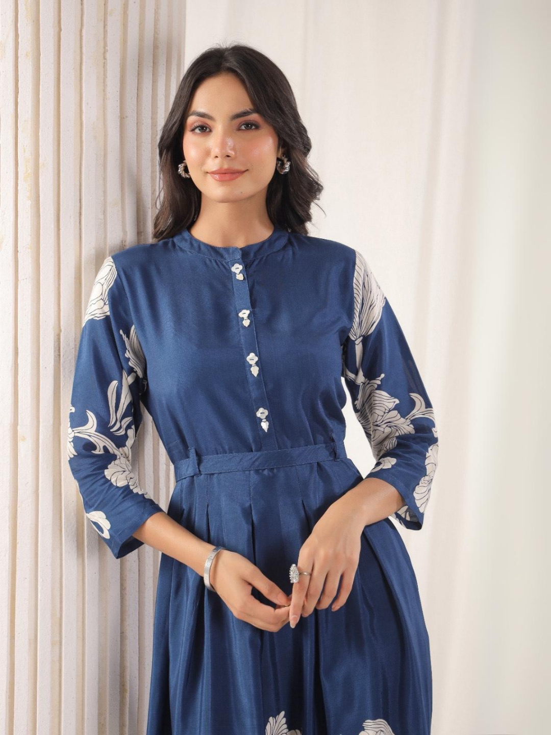Elegant Blue Floral Muslin Dress