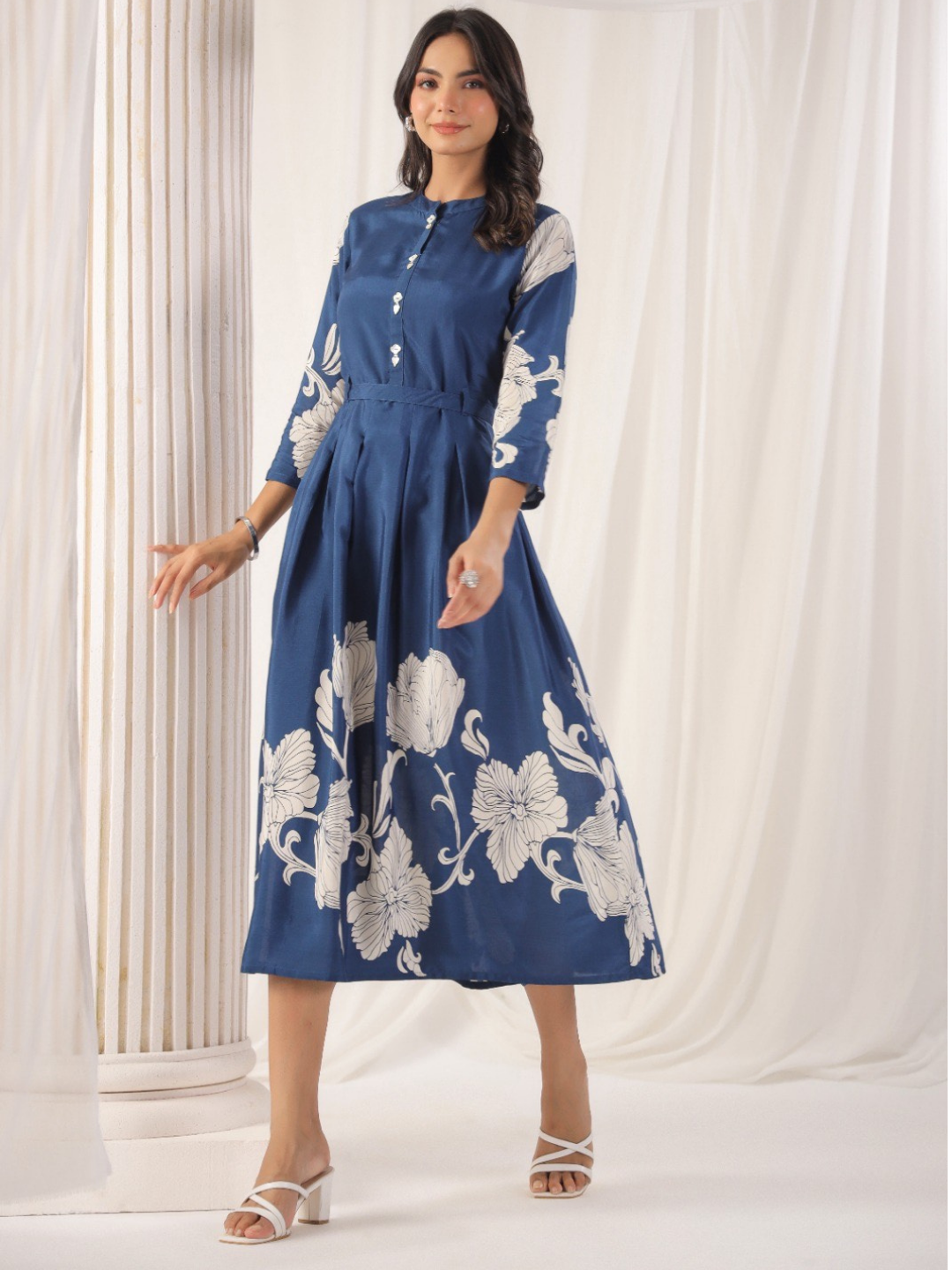 Elegant Blue Floral Muslin Dress