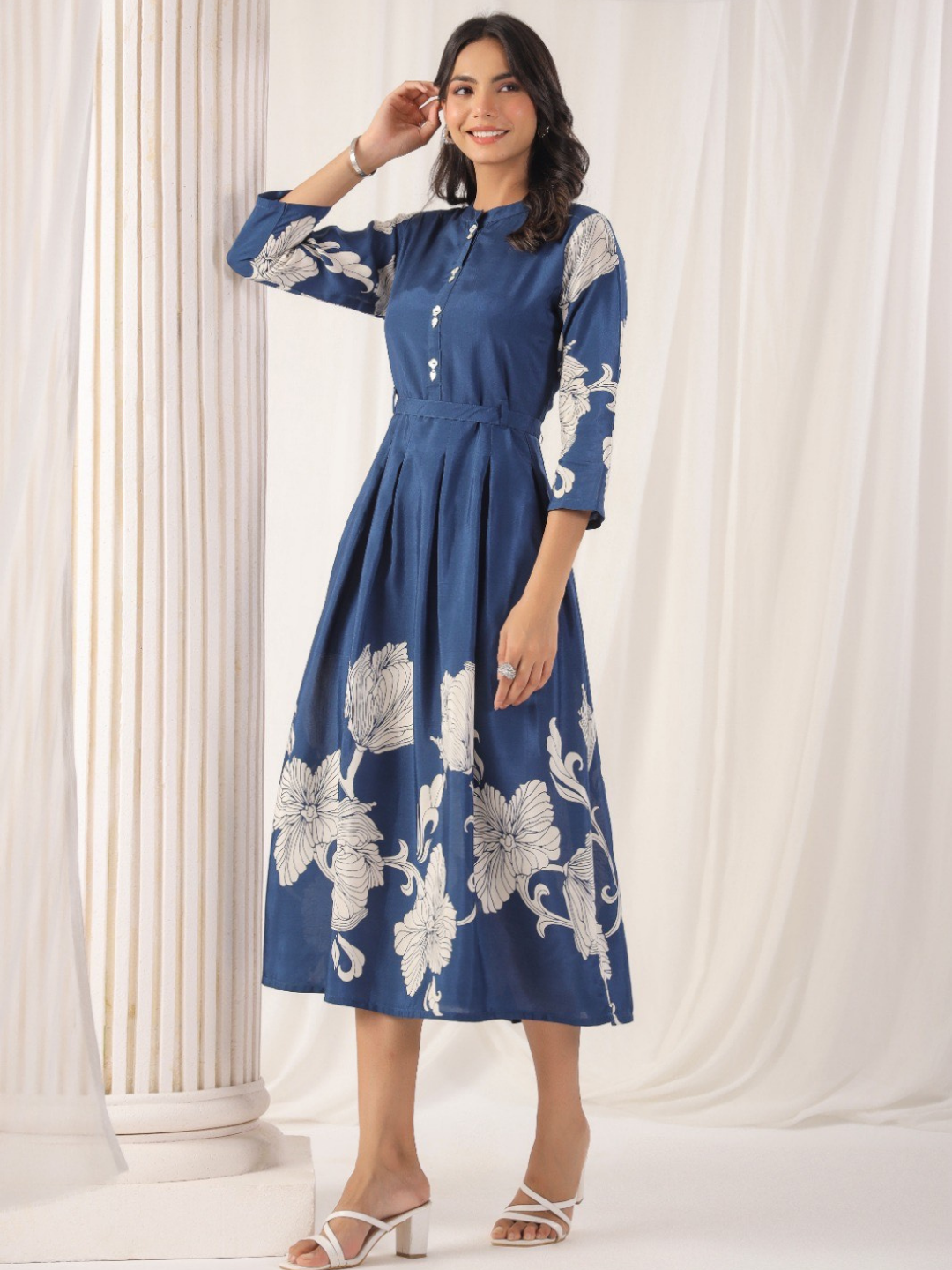 Elegant Blue Floral Muslin Dress Daily Dhaga Elegant Blue Floral Muslin Dress Daily Dhaga
