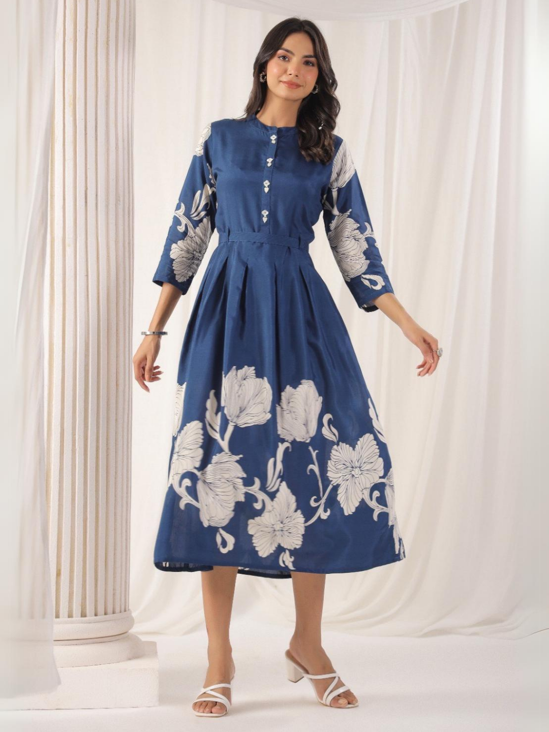 Elegant Blue Floral Muslin Dress