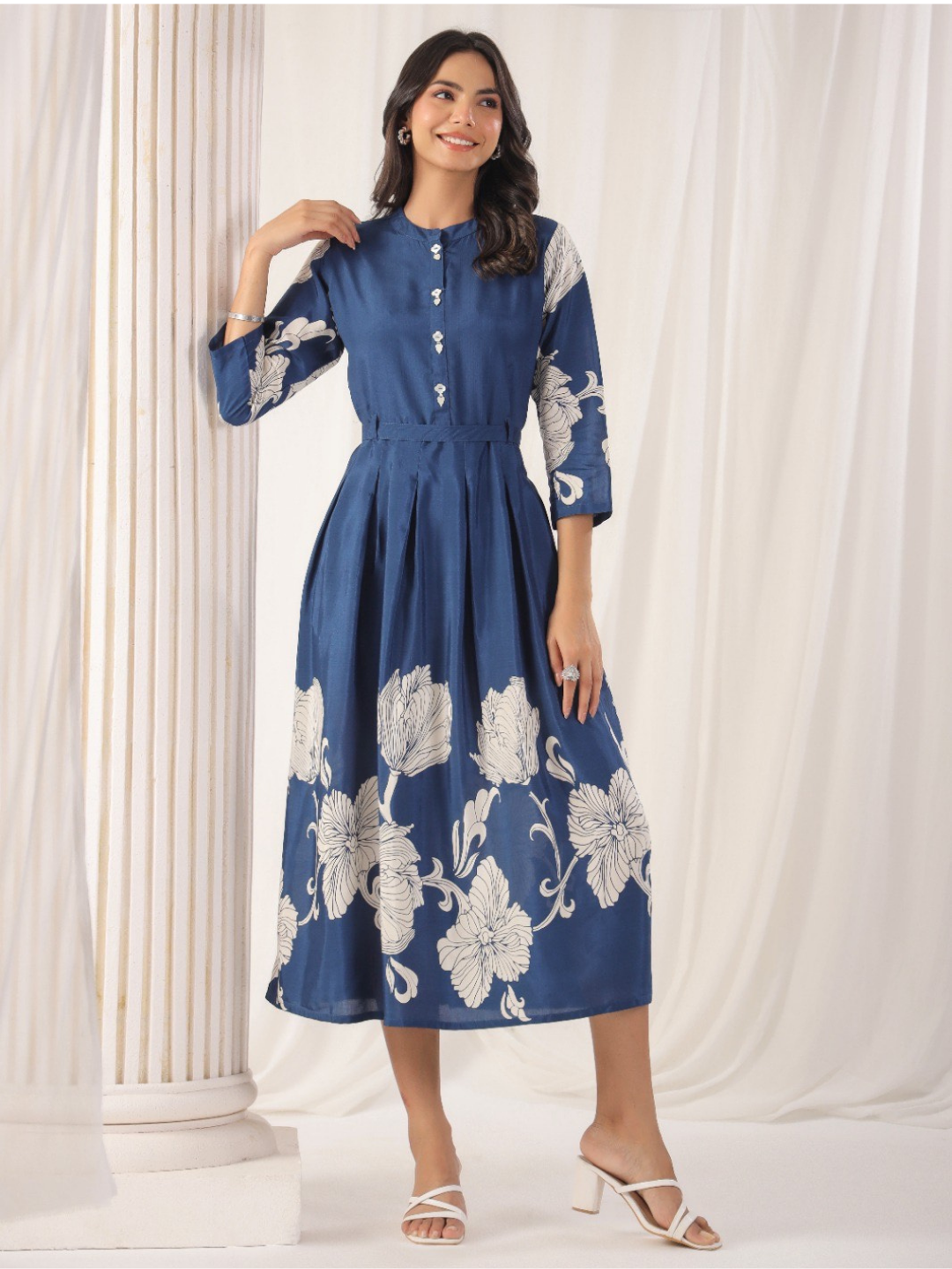 Elegant Blue Floral Muslin Dress