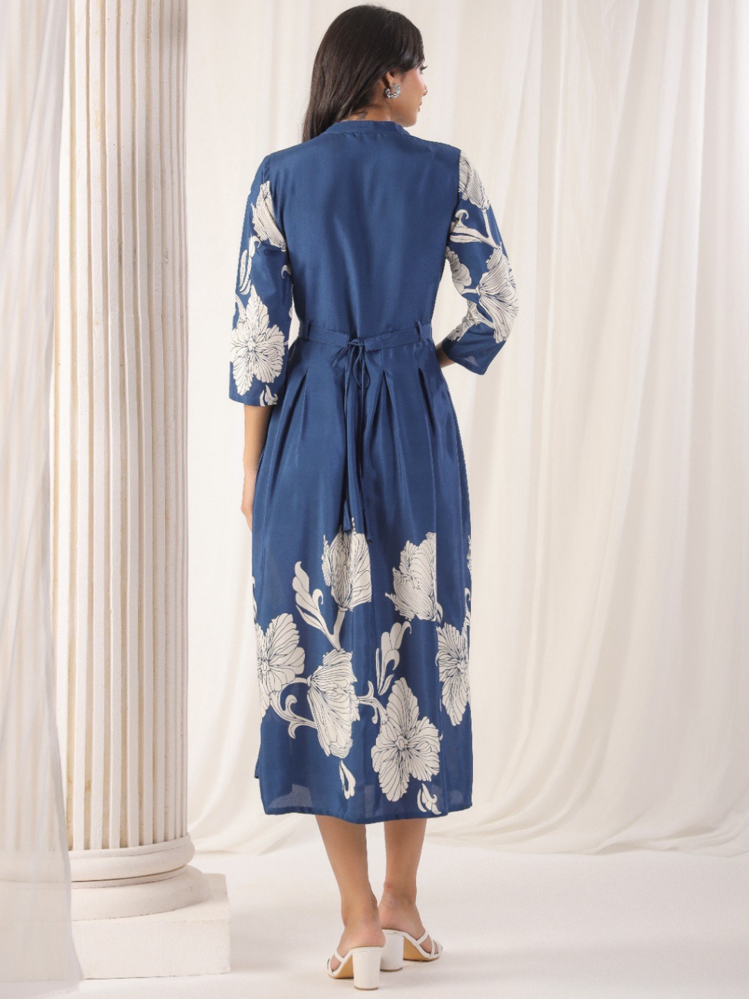 Elegant Blue Floral Muslin Dress