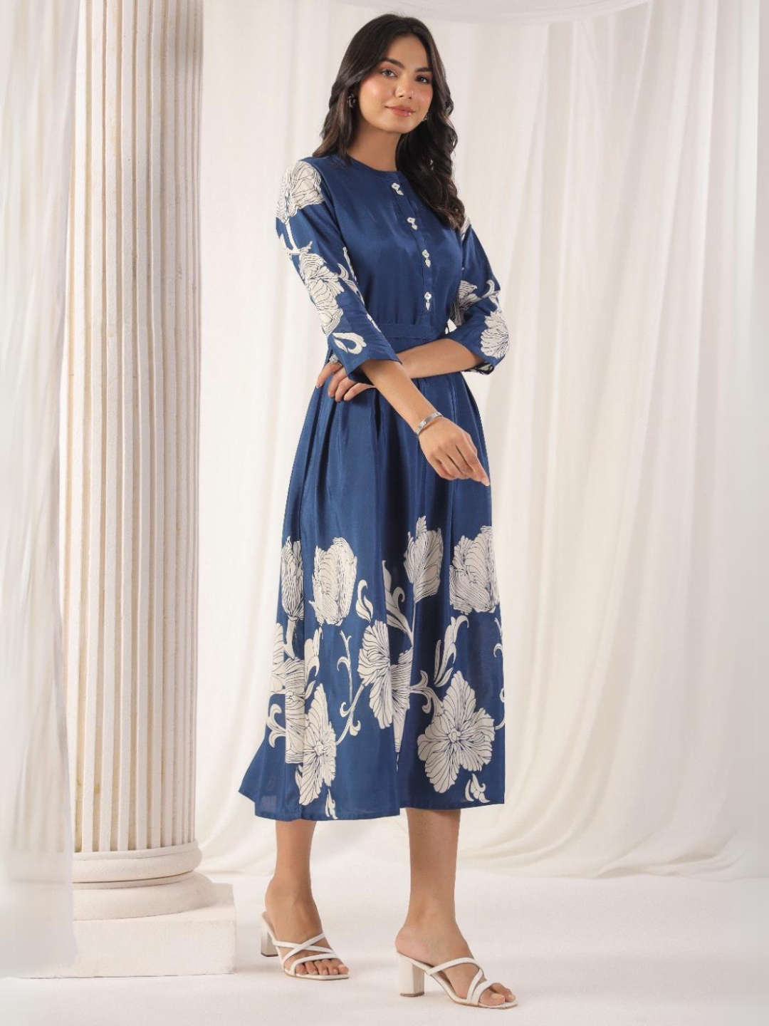 Elegant Blue Floral Muslin Dress