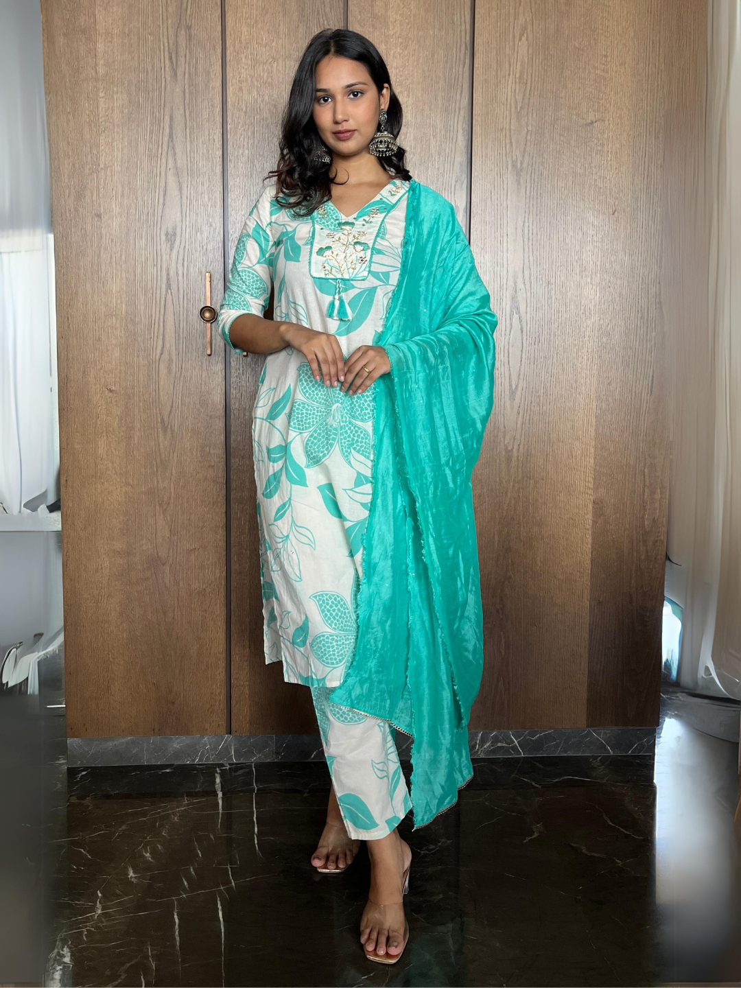 Graceful Aqua Cotton Dupatta Set