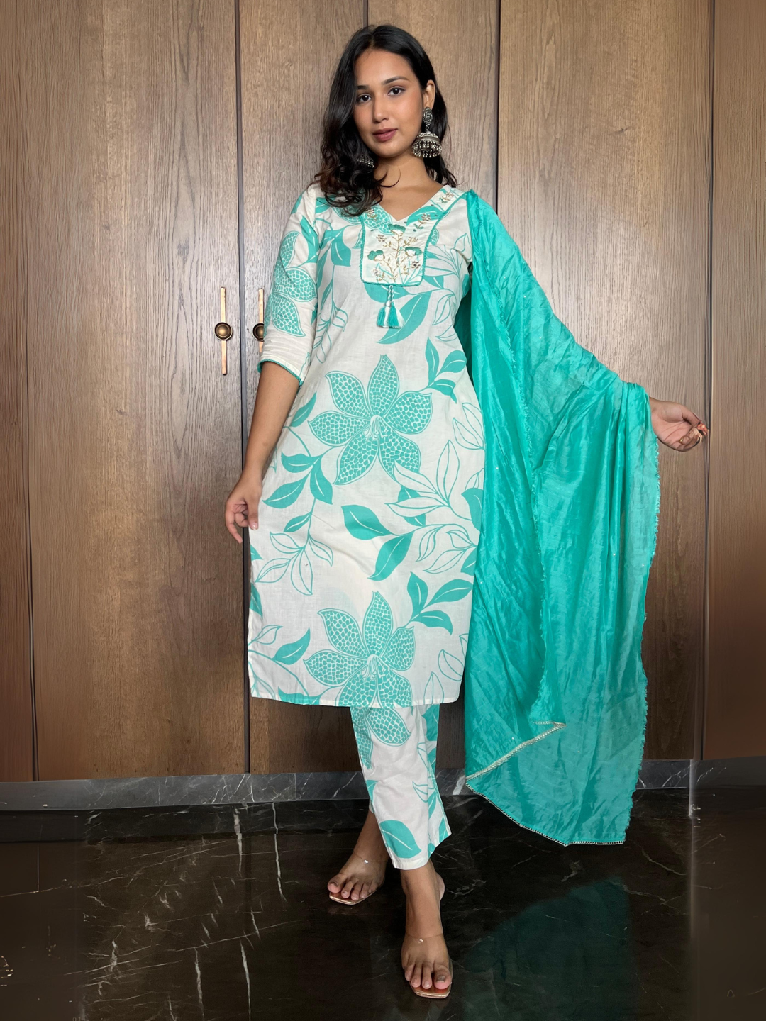 Graceful Aqua Cotton Dupatta Set