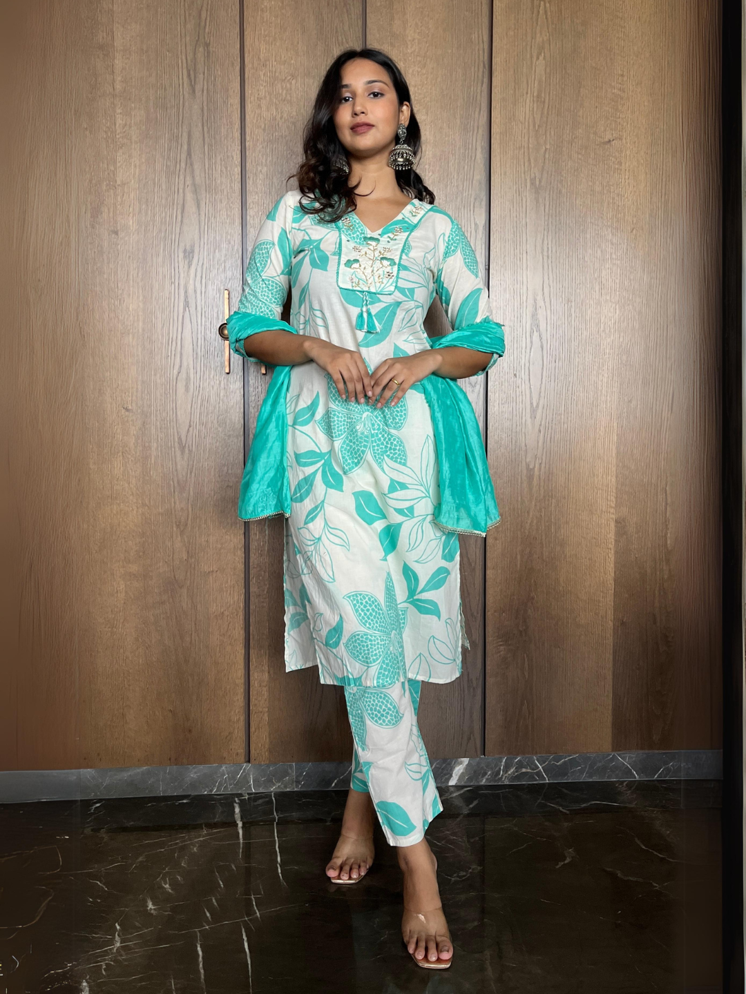 Graceful Aqua Cotton Dupatta Set