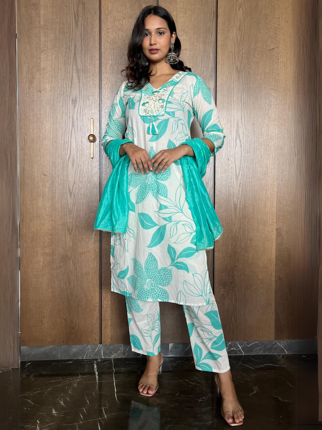 Graceful Aqua Cotton Dupatta Set