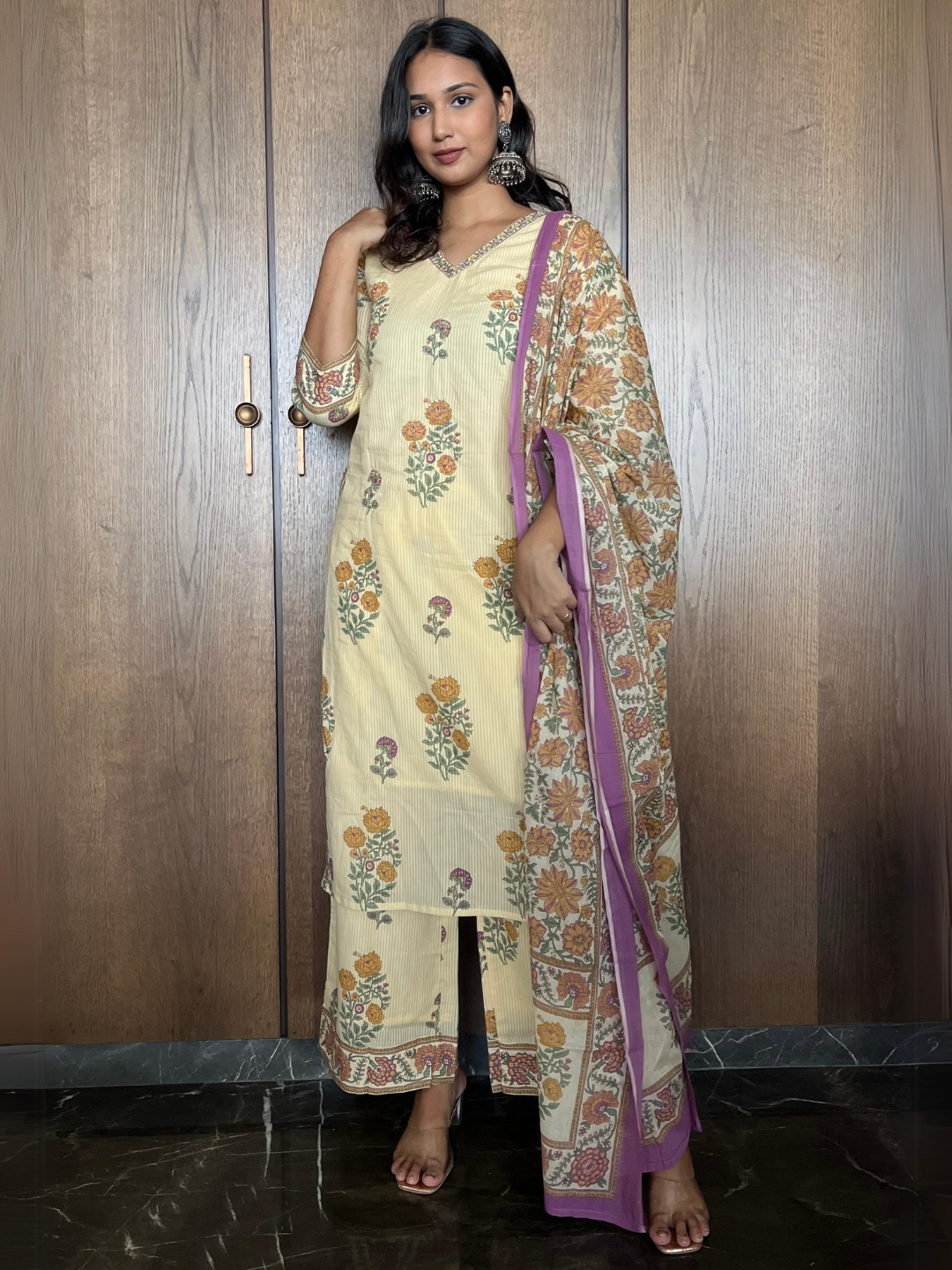Pastel Yellow Cotton Dupatta Set