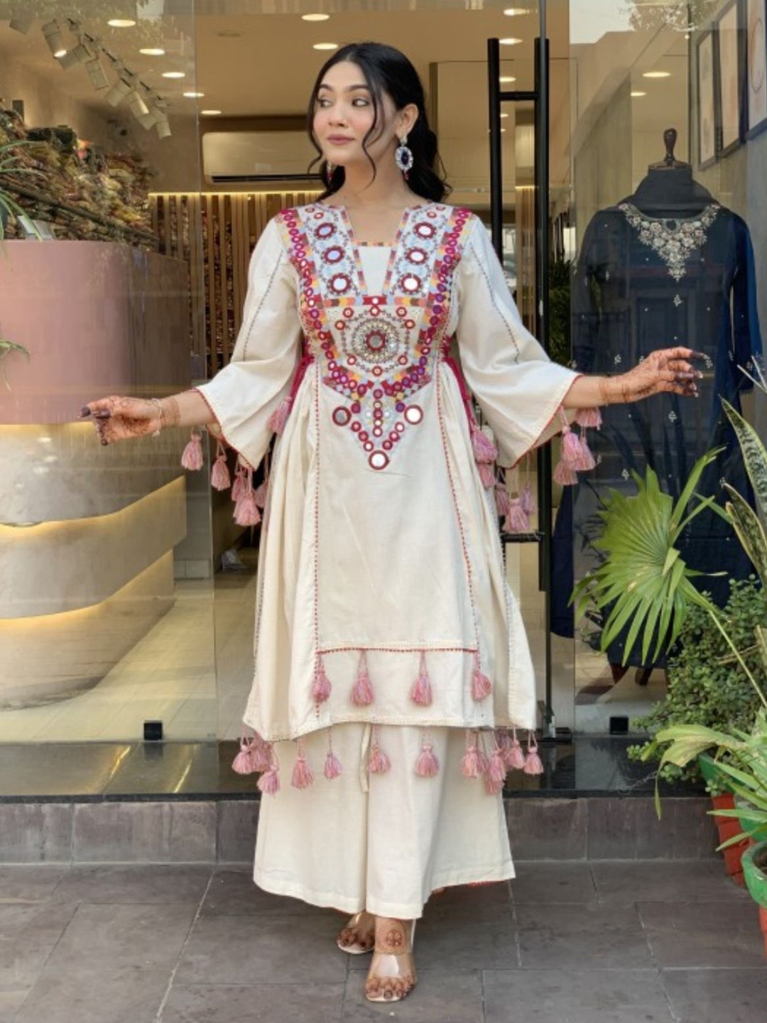 Boho Off-White Khadi Mirror Work Set