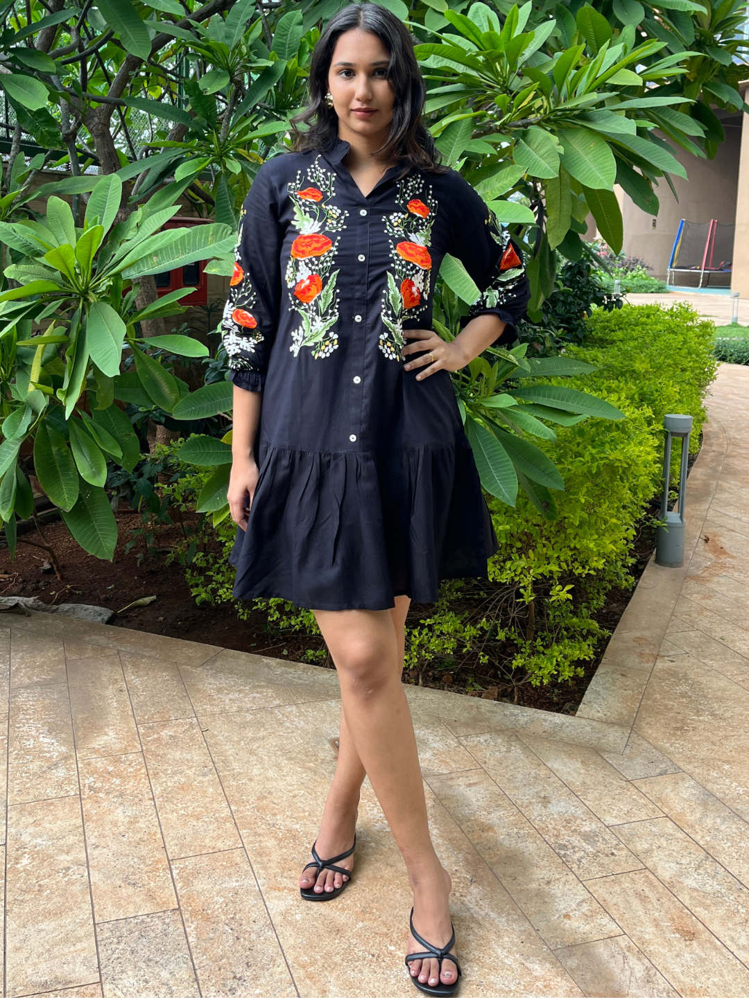 Midnight Blossom Black Cotton Dress