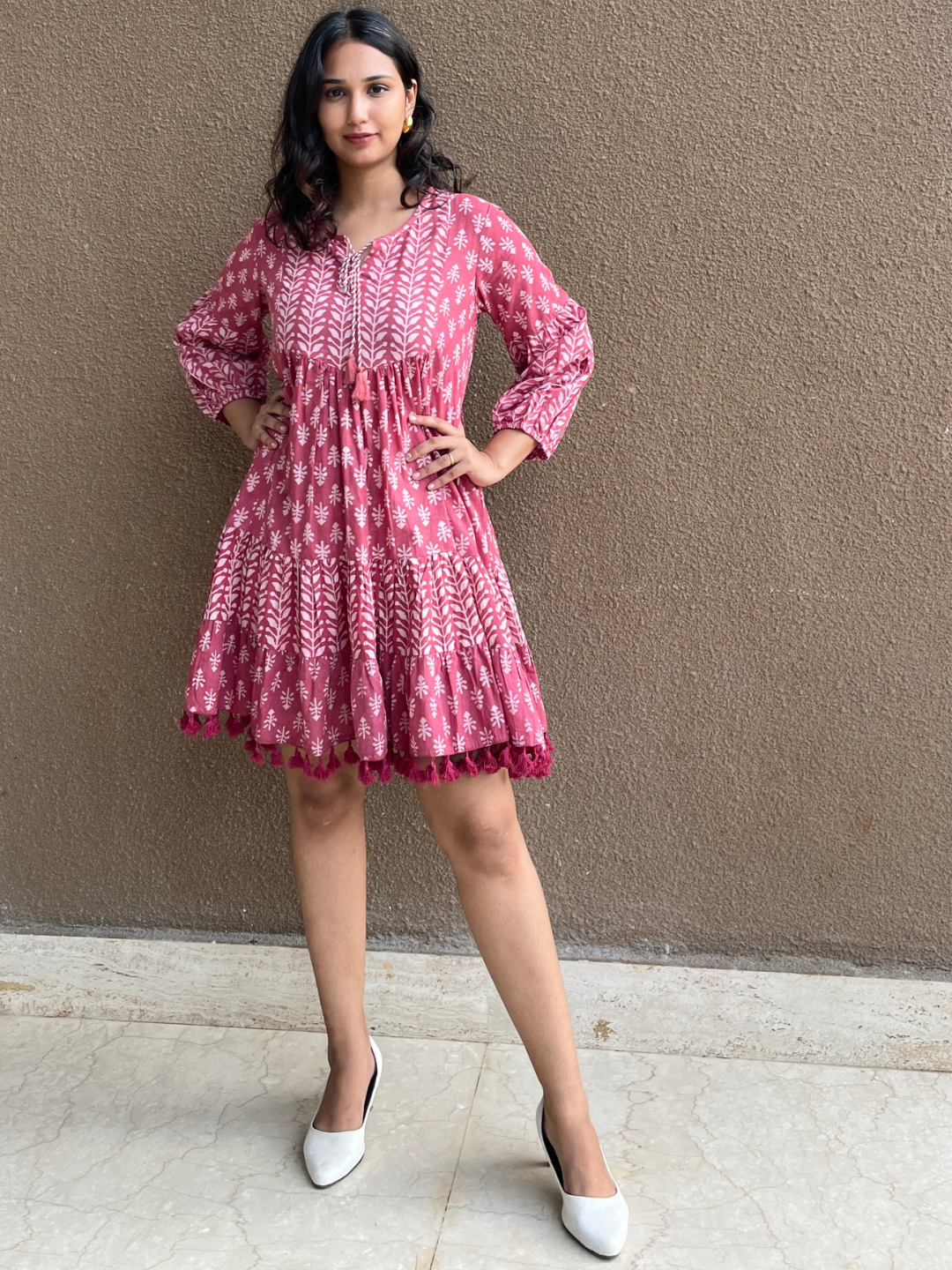 Playful Onion Pink Block Print Cotton Dress
