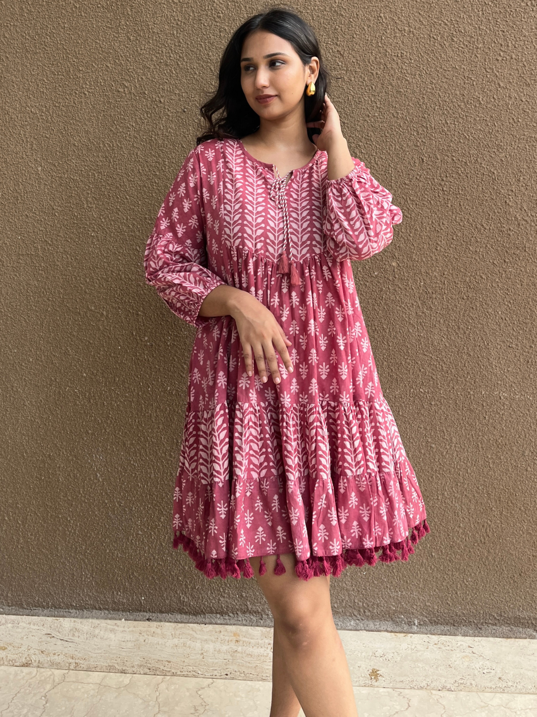 Playful Onion Pink Block Print Cotton Dress