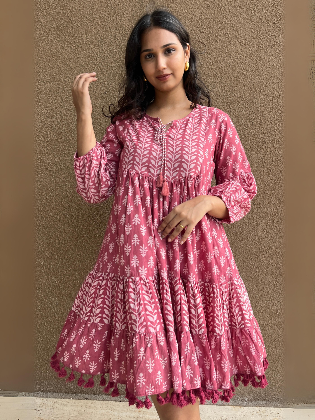 Playful Onion Pink Block Print Cotton Dress