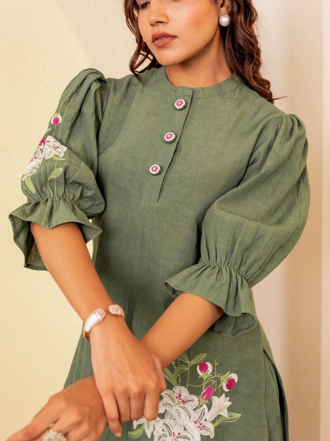 Graceful Green Floral Embroidered Cotton Co-Ord Set