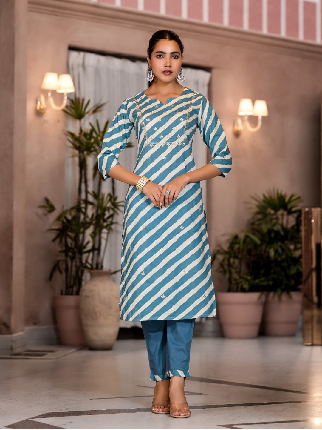 Sky Blue Striped Muslin Dupatta Set