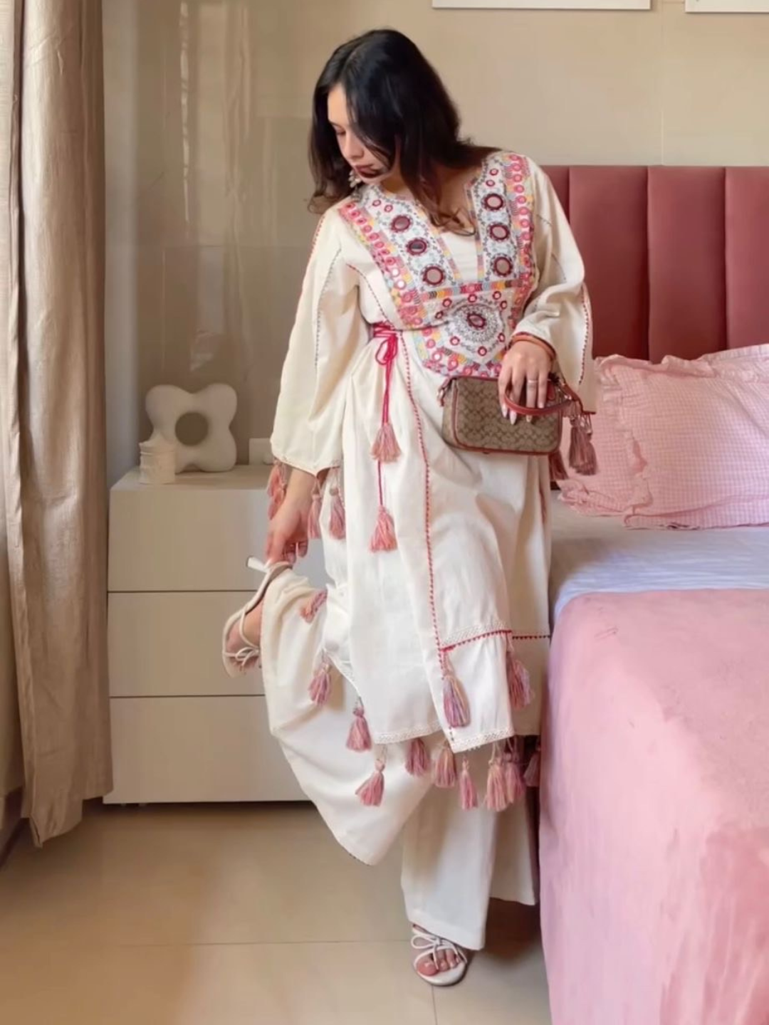 Boho Off-White Khadi Mirror Work Set