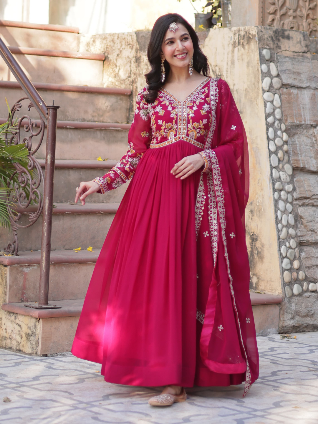 Classic V-Neck Embroidered Gown with Dupatta