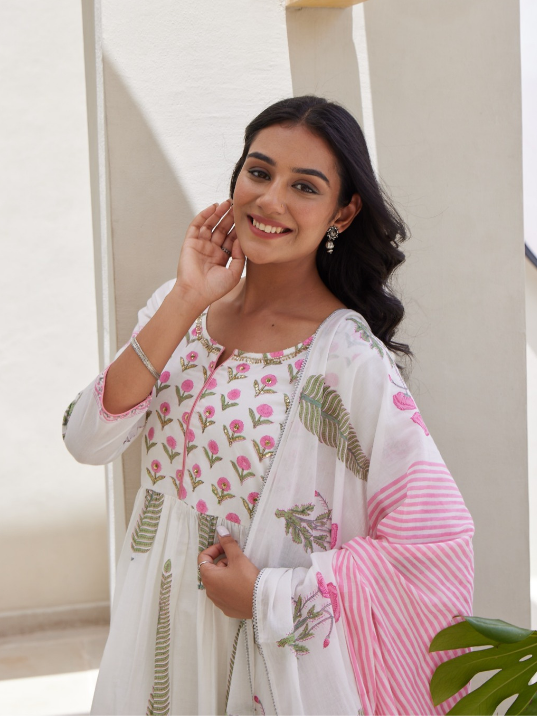 White Dupatta Set with Floral Block Print