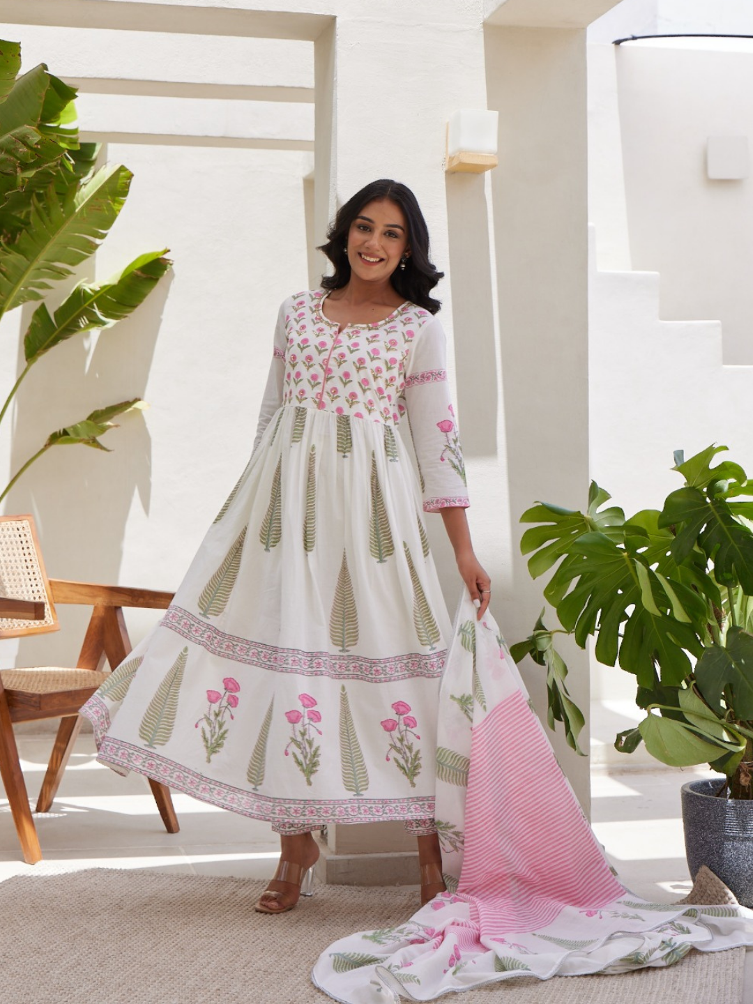 White Dupatta Set with Floral Block Print
