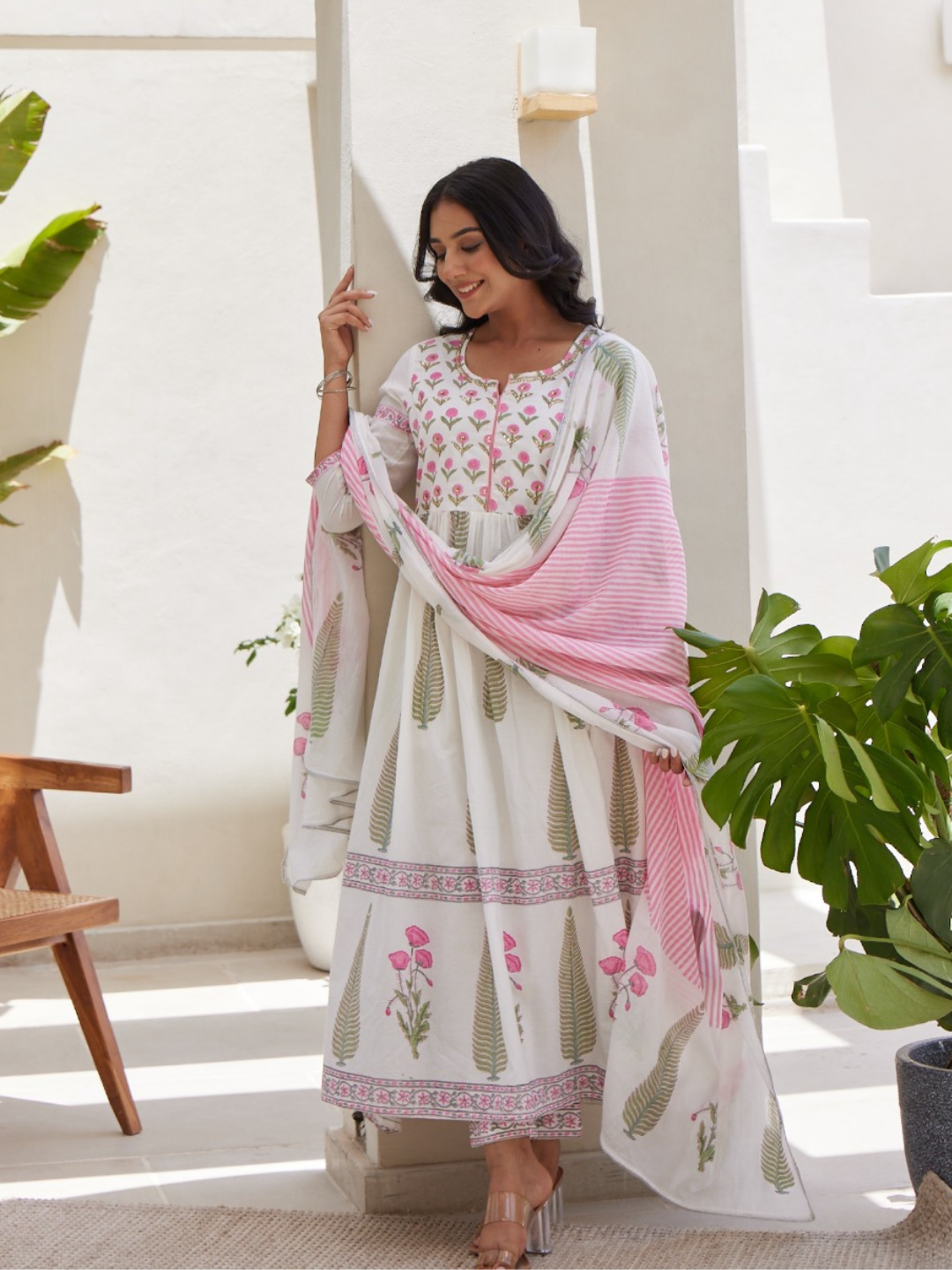 White Dupatta Set with Floral Block Print