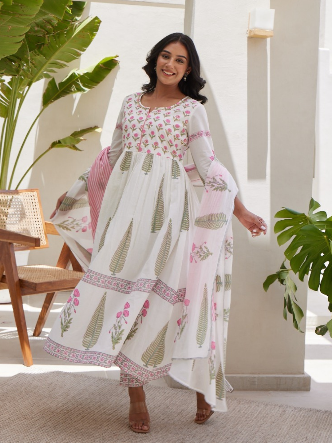 White Dupatta Set with Floral Block Print