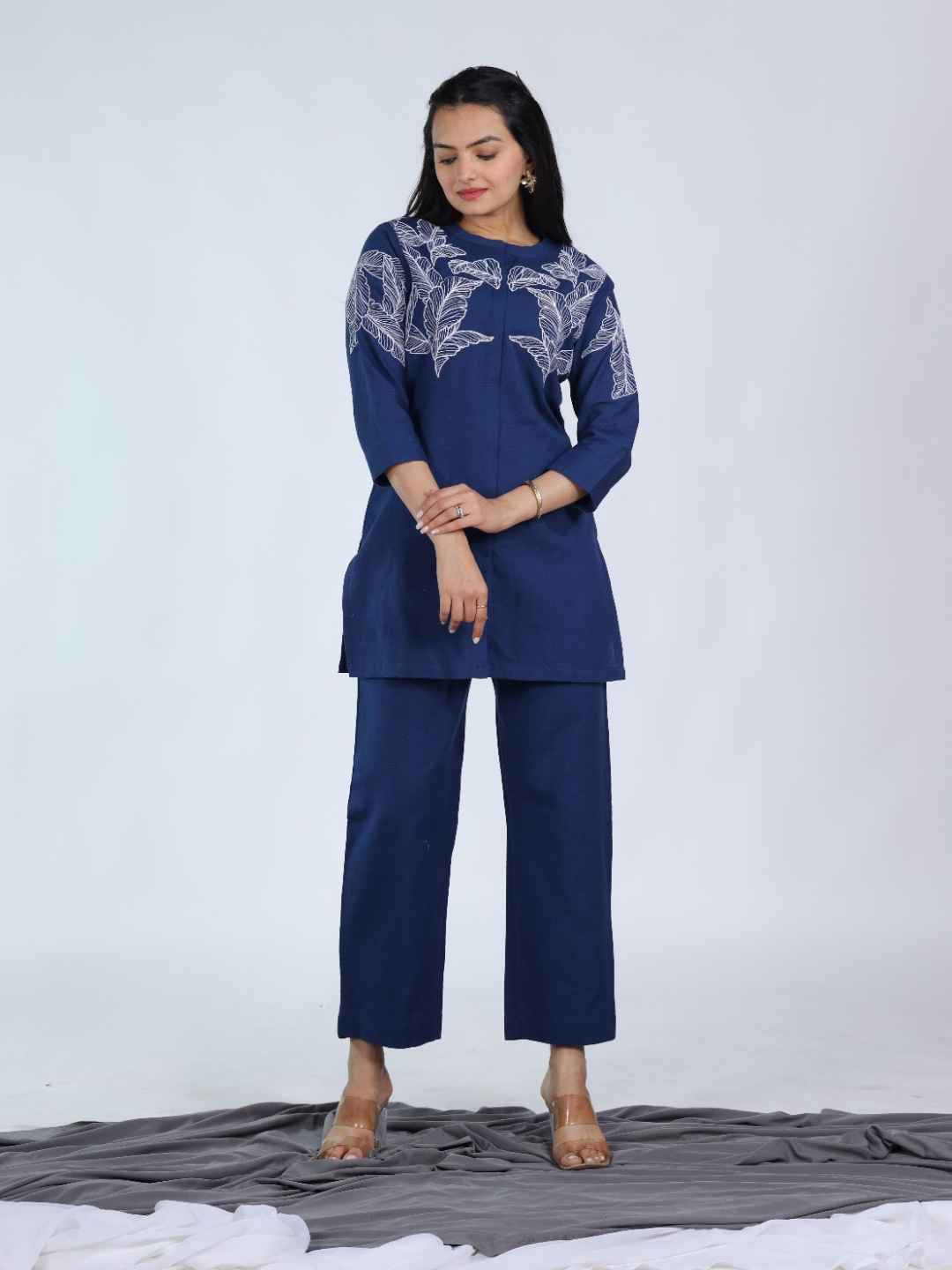 Navy Blue Cotton Co-Ord Set with Leaves Embroidery
