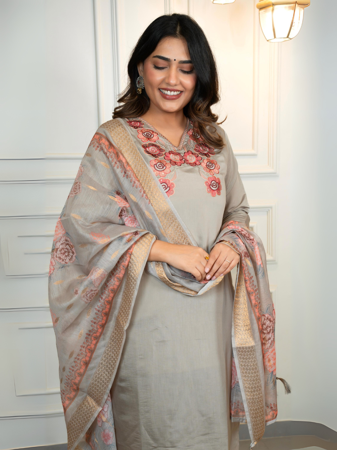 Grey Roman Silk Suit Set with Floral Embroidery