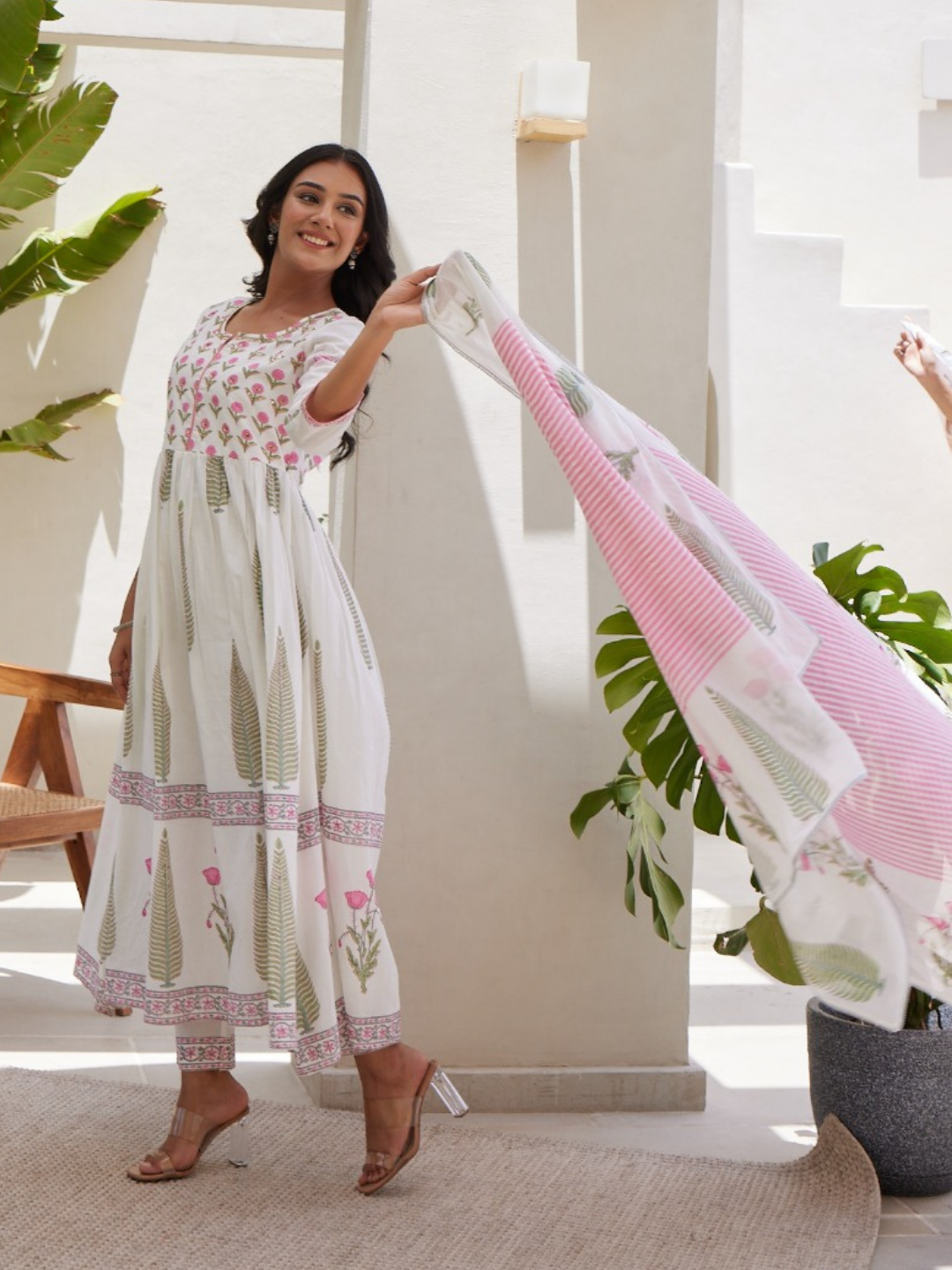 White Dupatta Set with Floral Block Print