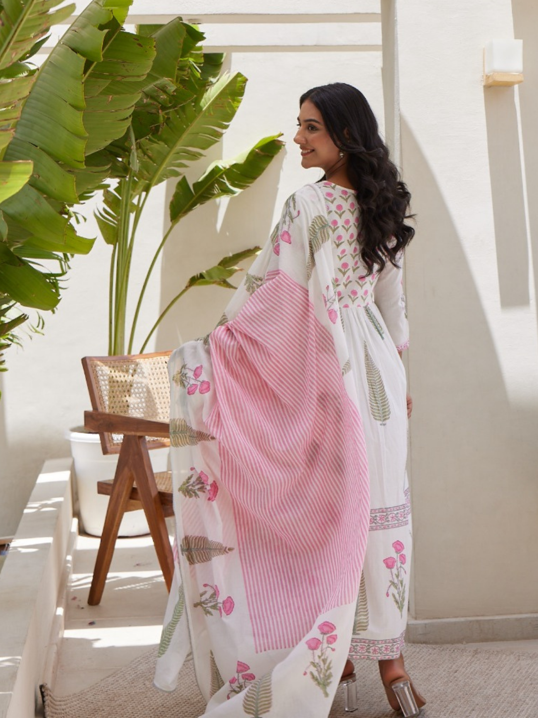 White Dupatta Set with Floral Block Print