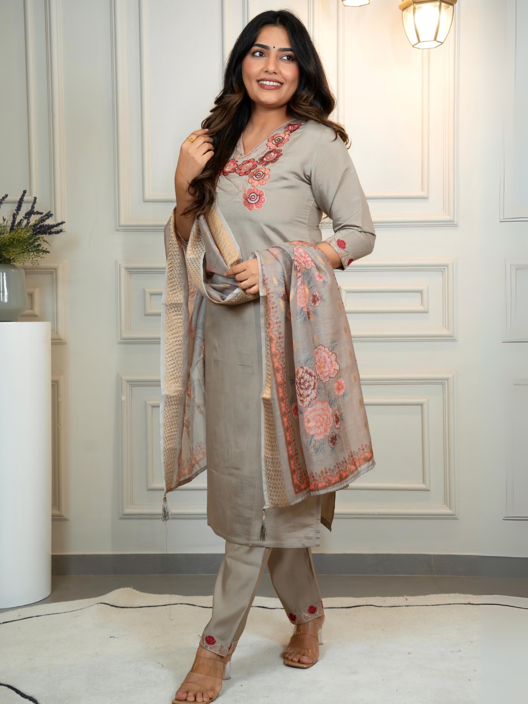 Grey Roman Silk Suit Set with Floral Embroidery