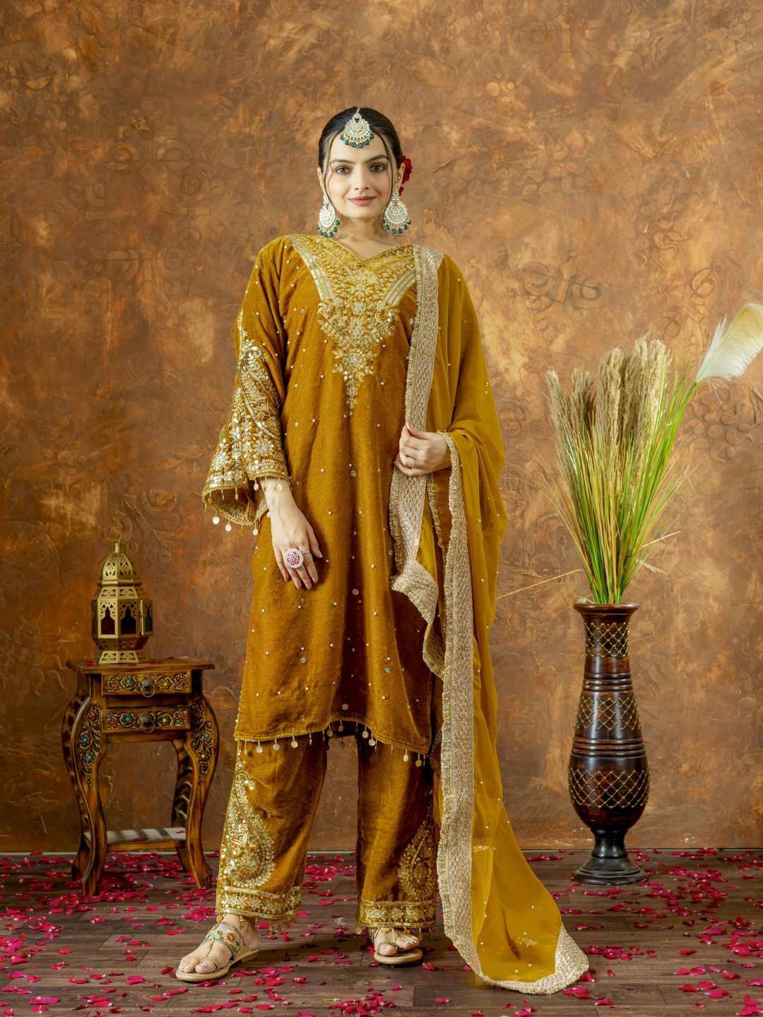 Opulent Velvet Embroidered Palazzo Set with Rivet Moti Detailing