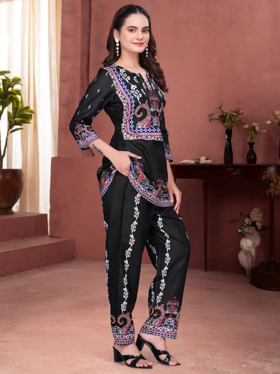 Black Cotton Silk Digital Print Co-Ord Set